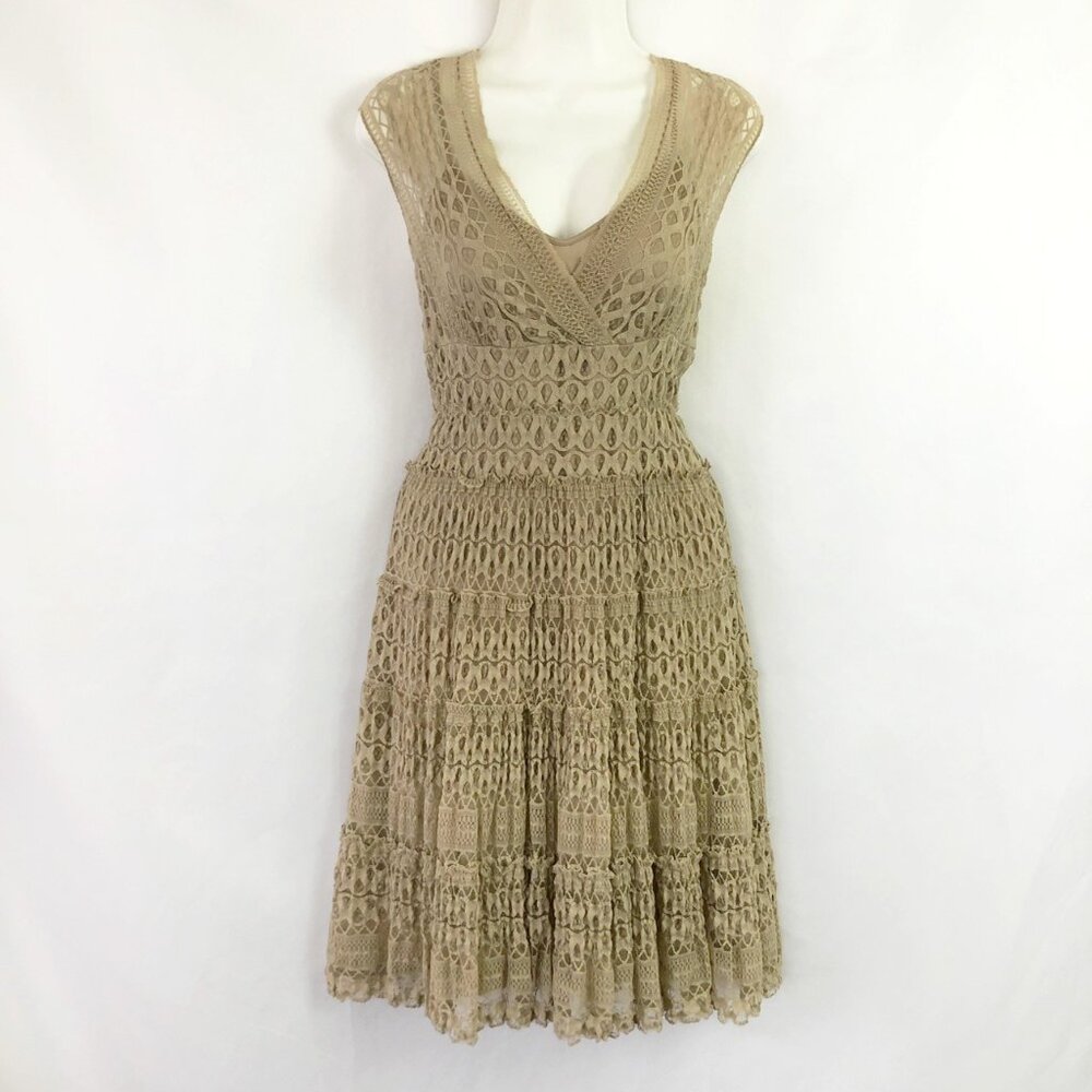 Max Studio Taupe Stretch Lace Midi Dress (L) Fit & Flare Vintage Y2K Coquette - Picture 2 of 9
